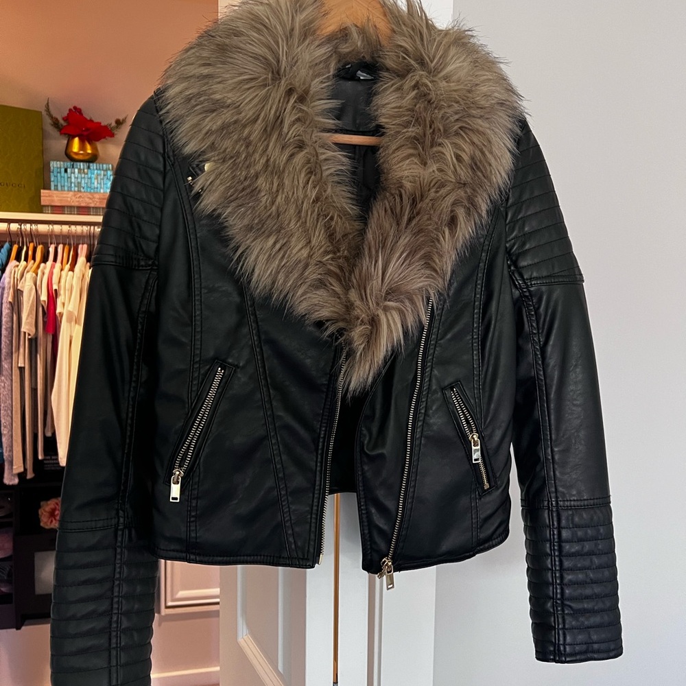 Faux Fur Collar Black Leather Jacket